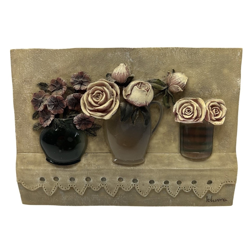 Vintage Cheri Blum 3D Rose Floral Vase Wall Art Plaque 6.25"x4.5"